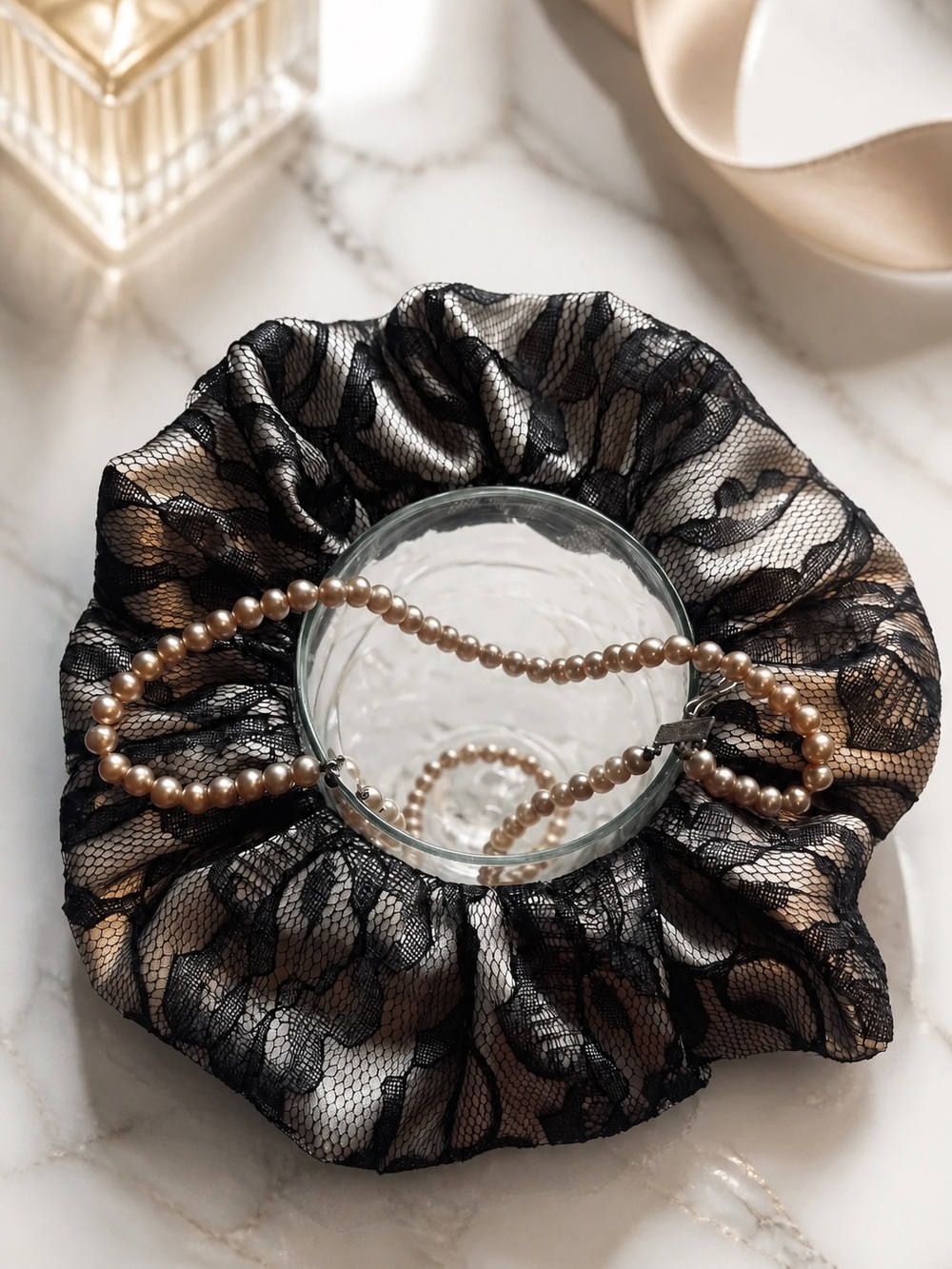 Midnight Romance: Premium Double-Layer Black Lace & Satin Statement Scrunchie